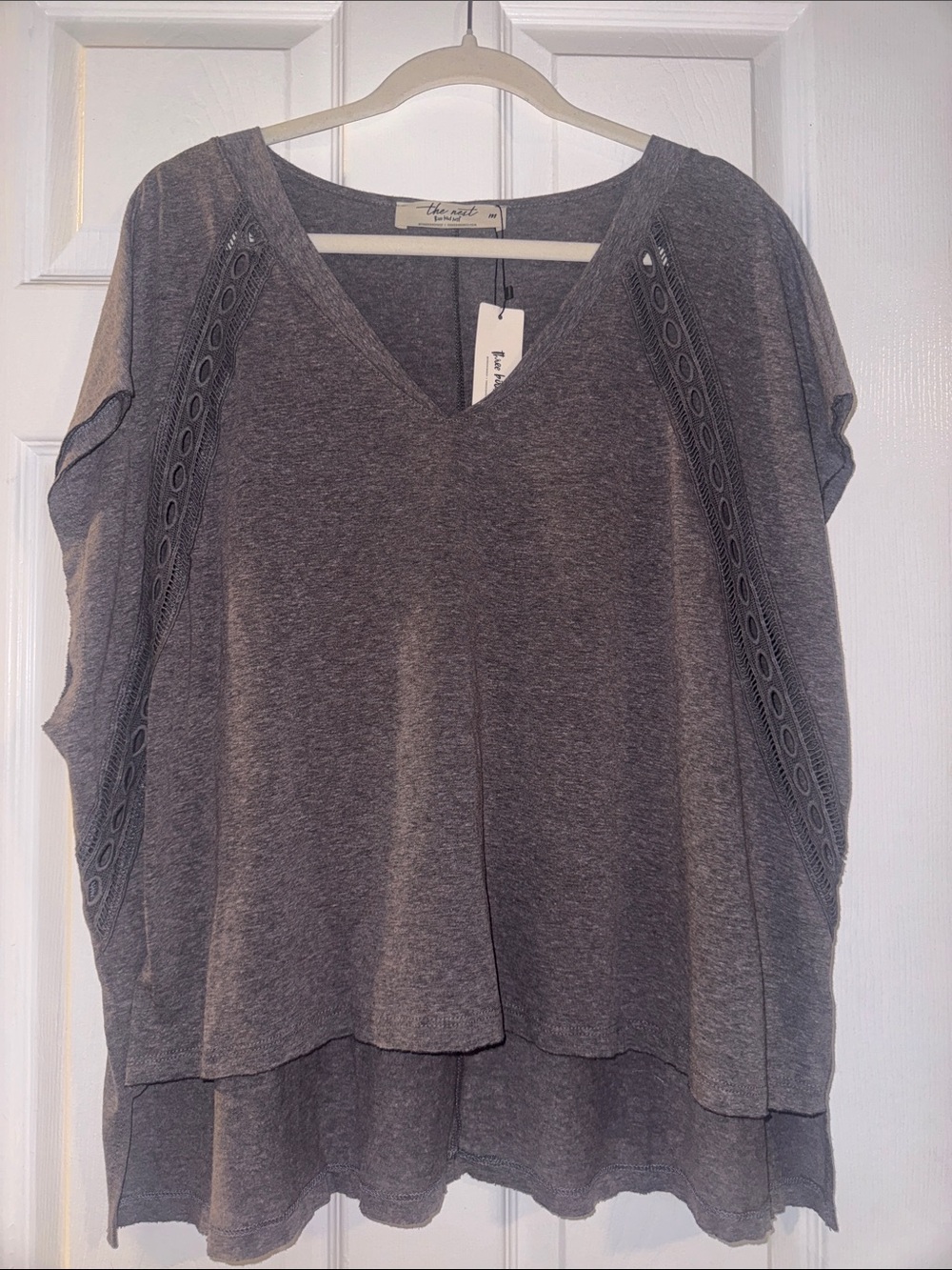 Three Bird Nest Gray V-Neck Eyelet Trim Tunic Top
